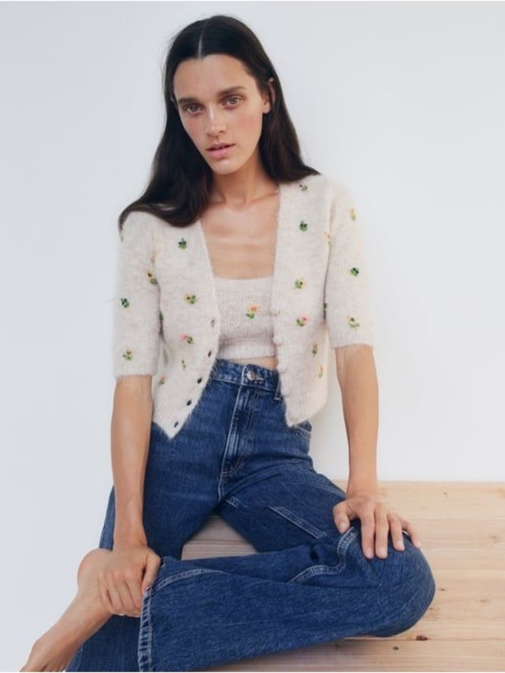 Zara Alpaca Blend Beaded Floral Detail Cropped Button Up Knit Cardigan Size M